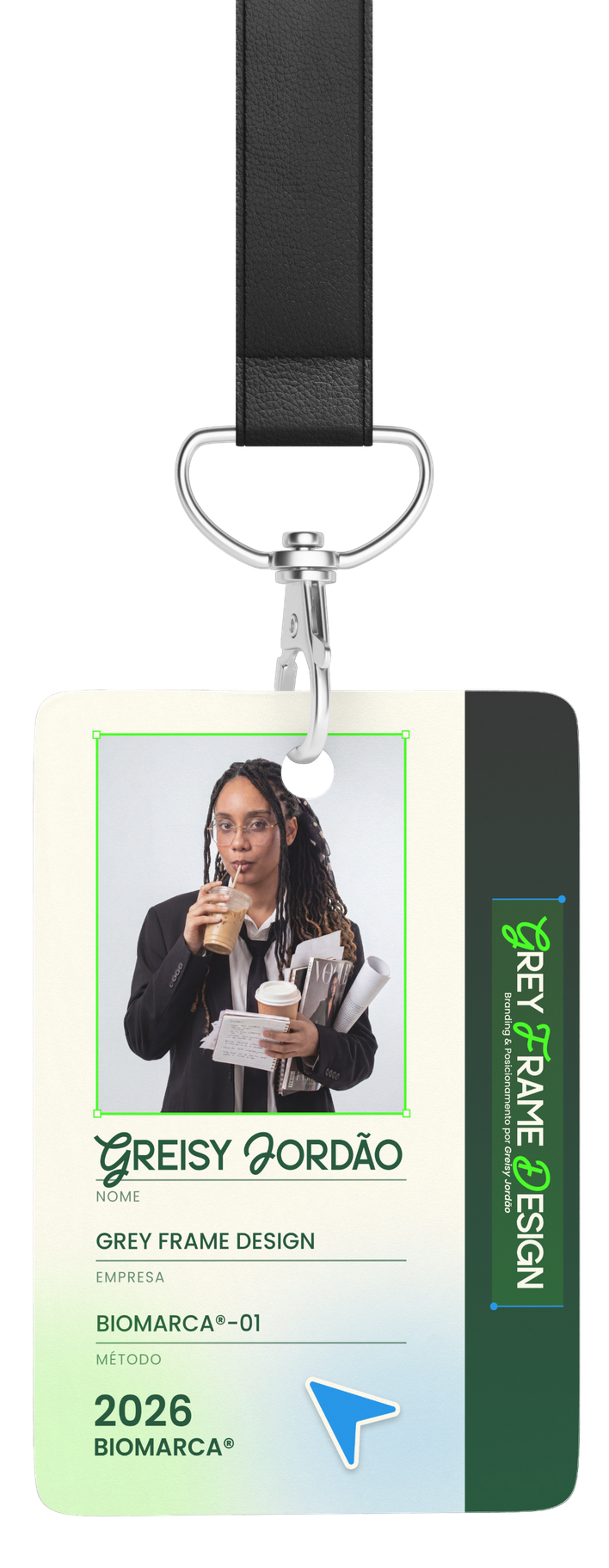 Crachá da Greisy Jordão, Grey Frame Design — BIOMARCA 2026