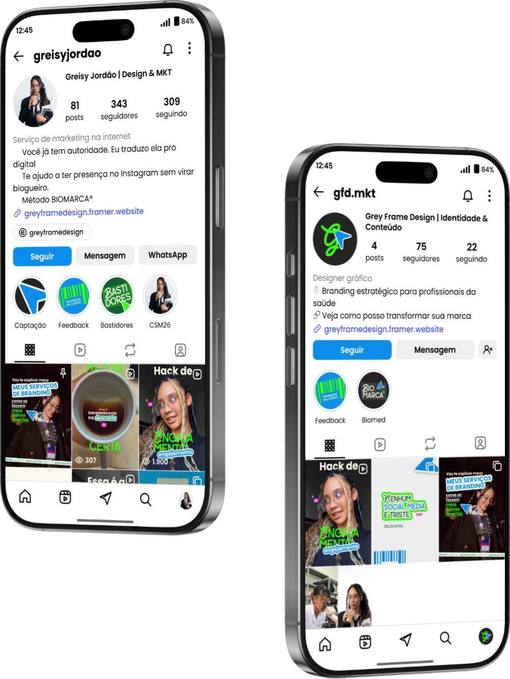 Gestão de Instagram para médicos: perfis em dois celulares